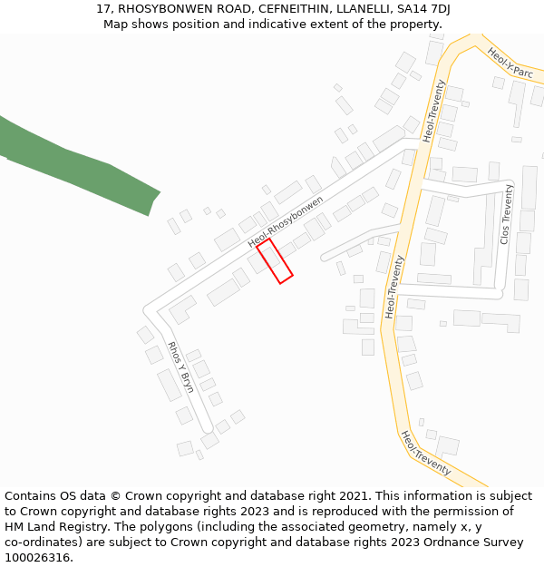 17, RHOSYBONWEN ROAD, CEFNEITHIN, LLANELLI, SA14 7DJ: Location map and indicative extent of plot