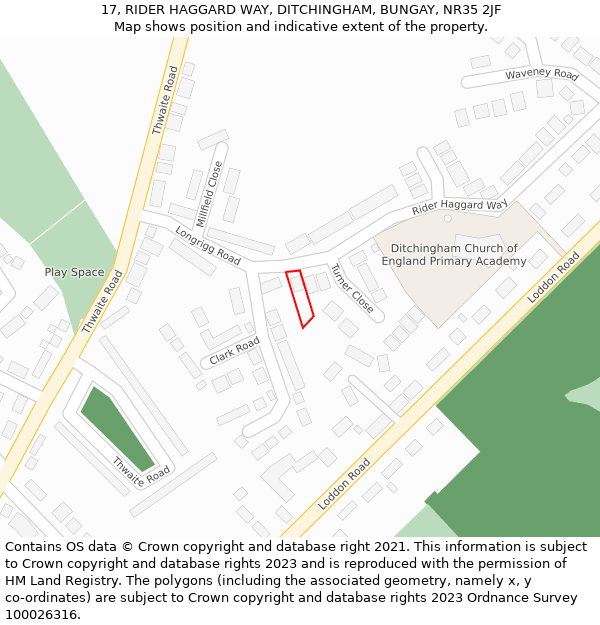 17, RIDER HAGGARD WAY, DITCHINGHAM, BUNGAY, NR35 2JF: Location map and indicative extent of plot