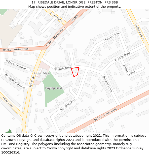 17, RISEDALE DRIVE, LONGRIDGE, PRESTON, PR3 3SB: Location map and indicative extent of plot