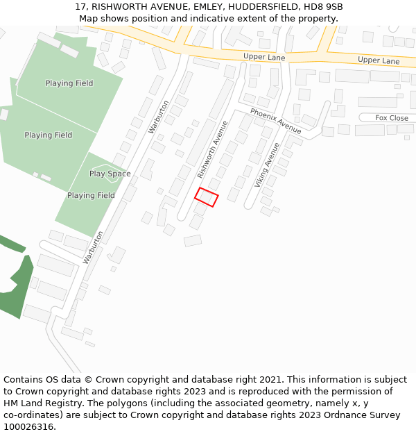 17, RISHWORTH AVENUE, EMLEY, HUDDERSFIELD, HD8 9SB: Location map and indicative extent of plot