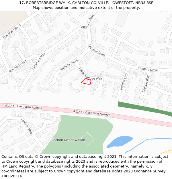 17, ROBERTSBRIDGE WALK, CARLTON COLVILLE, LOWESTOFT, NR33 8SE: Location map and indicative extent of plot