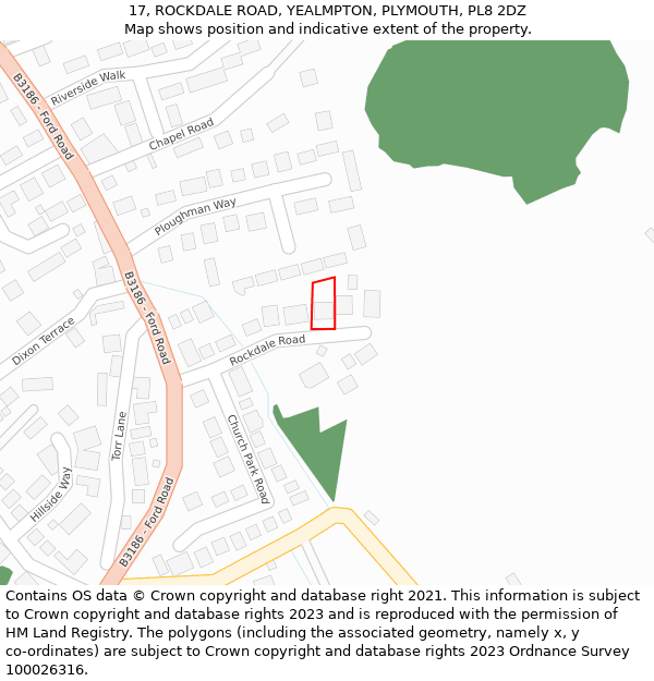 17, ROCKDALE ROAD, YEALMPTON, PLYMOUTH, PL8 2DZ: Location map and indicative extent of plot