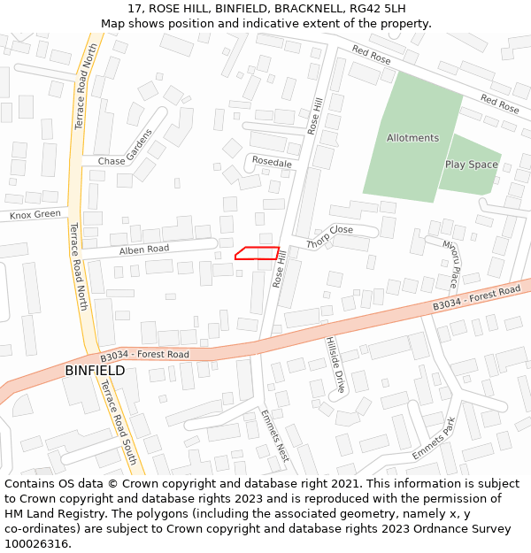 17, ROSE HILL, BINFIELD, BRACKNELL, RG42 5LH: Location map and indicative extent of plot