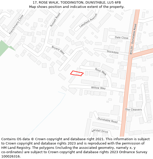 17, ROSE WALK, TODDINGTON, DUNSTABLE, LU5 6FB: Location map and indicative extent of plot