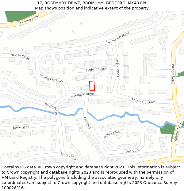 17, ROSEMARY DRIVE, BROMHAM, BEDFORD, MK43 8PL: Location map and indicative extent of plot