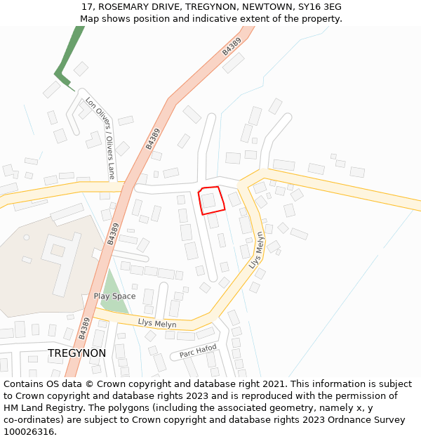 17, ROSEMARY DRIVE, TREGYNON, NEWTOWN, SY16 3EG: Location map and indicative extent of plot
