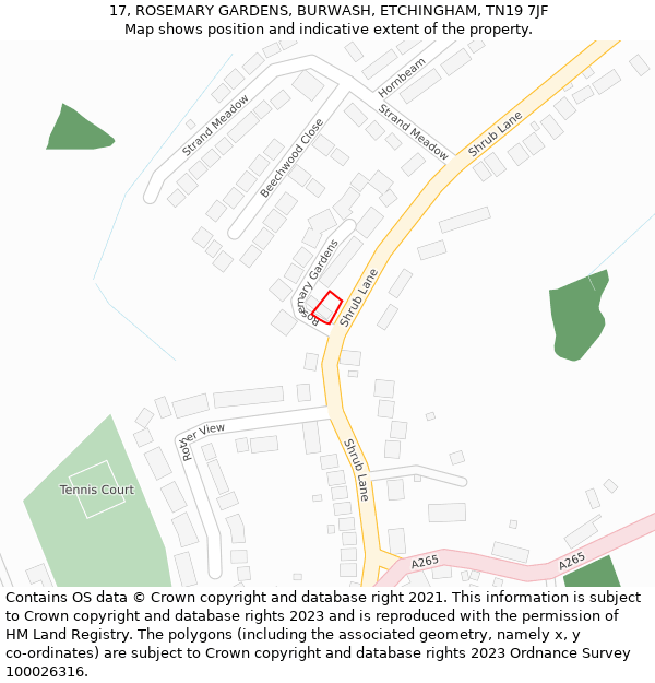 17, ROSEMARY GARDENS, BURWASH, ETCHINGHAM, TN19 7JF: Location map and indicative extent of plot