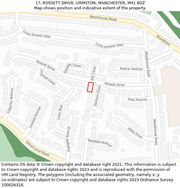 17, ROSSETT DRIVE, URMSTON, MANCHESTER, M41 8DZ: Location map and indicative extent of plot