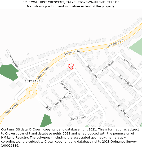 17, ROWHURST CRESCENT, TALKE, STOKE-ON-TRENT, ST7 1GB: Location map and indicative extent of plot