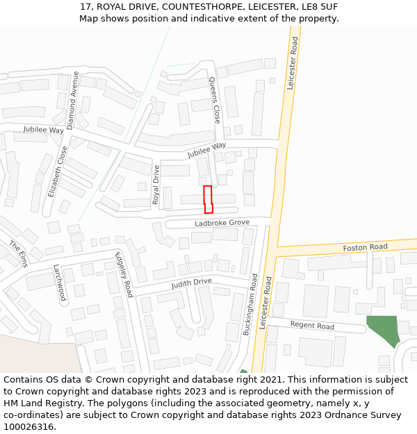 17, ROYAL DRIVE, COUNTESTHORPE, LEICESTER, LE8 5UF: Location map and indicative extent of plot