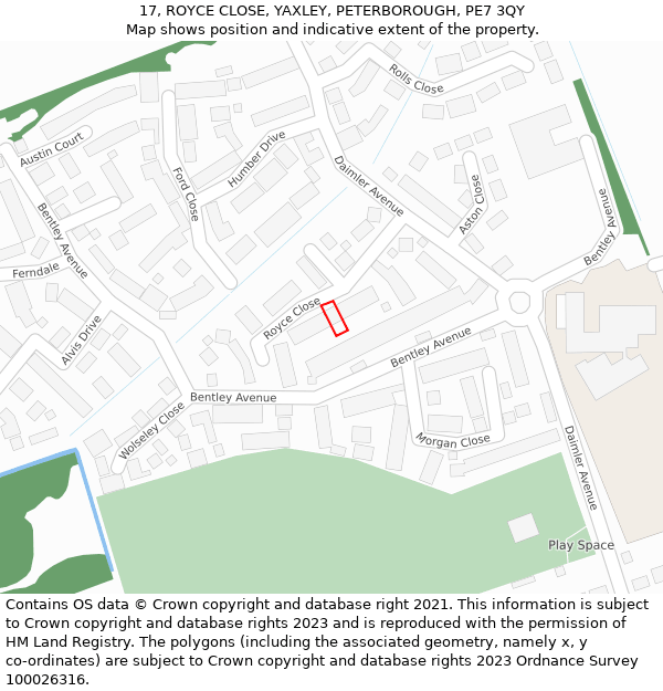 17, ROYCE CLOSE, YAXLEY, PETERBOROUGH, PE7 3QY: Location map and indicative extent of plot