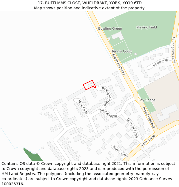 17, RUFFHAMS CLOSE, WHELDRAKE, YORK, YO19 6TD: Location map and indicative extent of plot