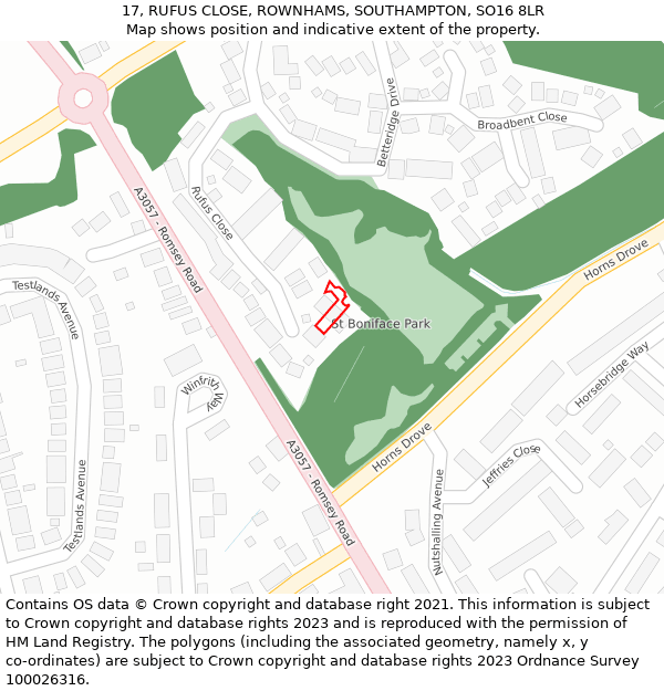 17, RUFUS CLOSE, ROWNHAMS, SOUTHAMPTON, SO16 8LR: Location map and indicative extent of plot