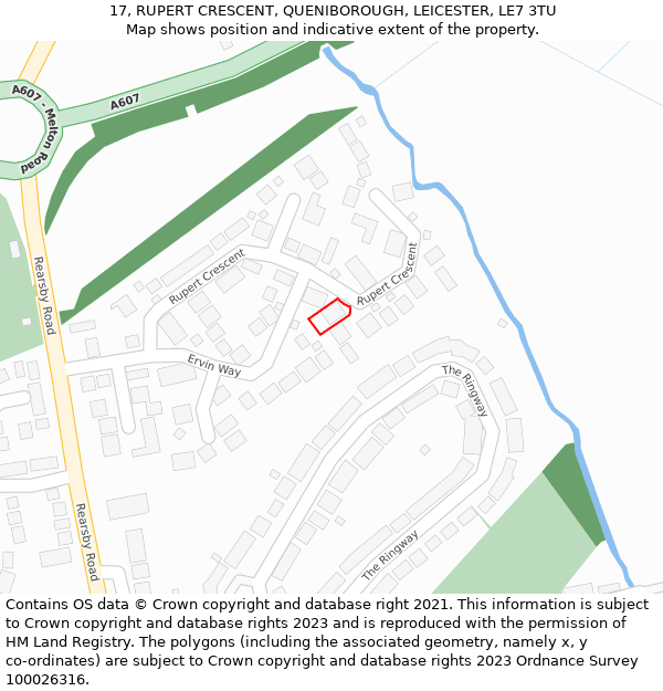 17, RUPERT CRESCENT, QUENIBOROUGH, LEICESTER, LE7 3TU: Location map and indicative extent of plot