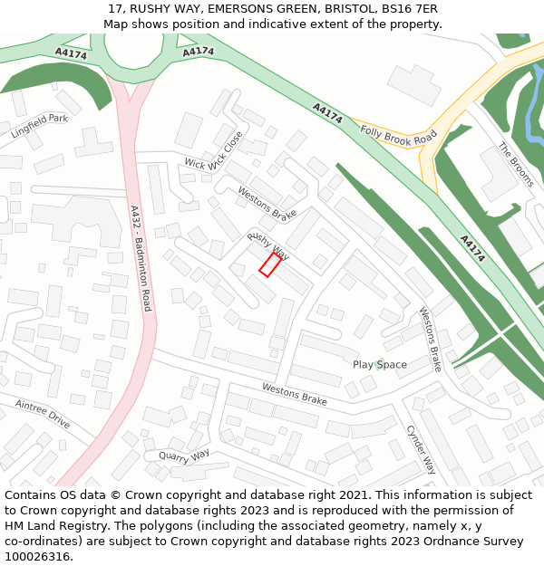 17, RUSHY WAY, EMERSONS GREEN, BRISTOL, BS16 7ER: Location map and indicative extent of plot