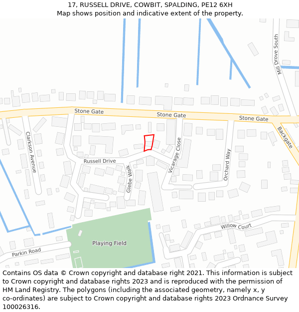 17, RUSSELL DRIVE, COWBIT, SPALDING, PE12 6XH: Location map and indicative extent of plot