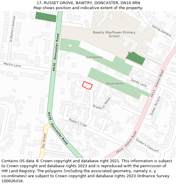 17, RUSSET GROVE, BAWTRY, DONCASTER, DN10 6RN: Location map and indicative extent of plot