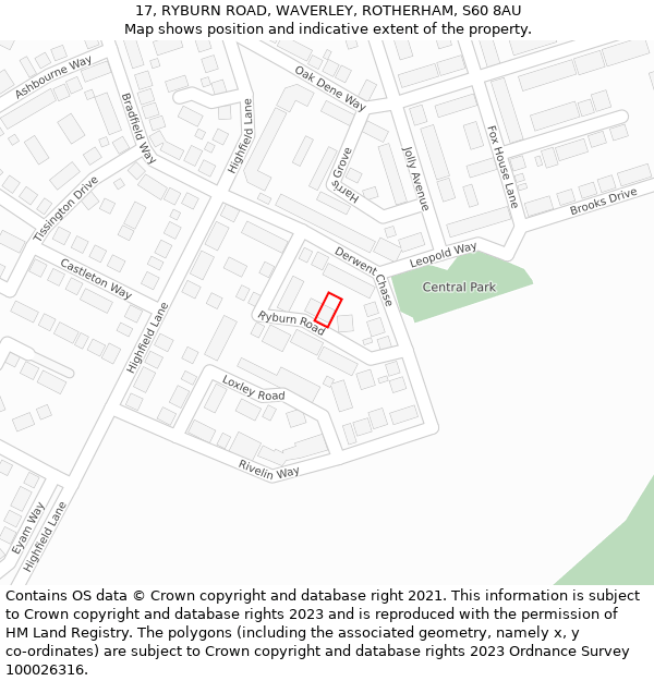 17, RYBURN ROAD, WAVERLEY, ROTHERHAM, S60 8AU: Location map and indicative extent of plot