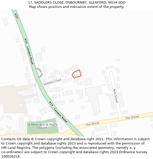 17, SADDLERS CLOSE, OSBOURNBY, SLEAFORD, NG34 0DD: Location map and indicative extent of plot