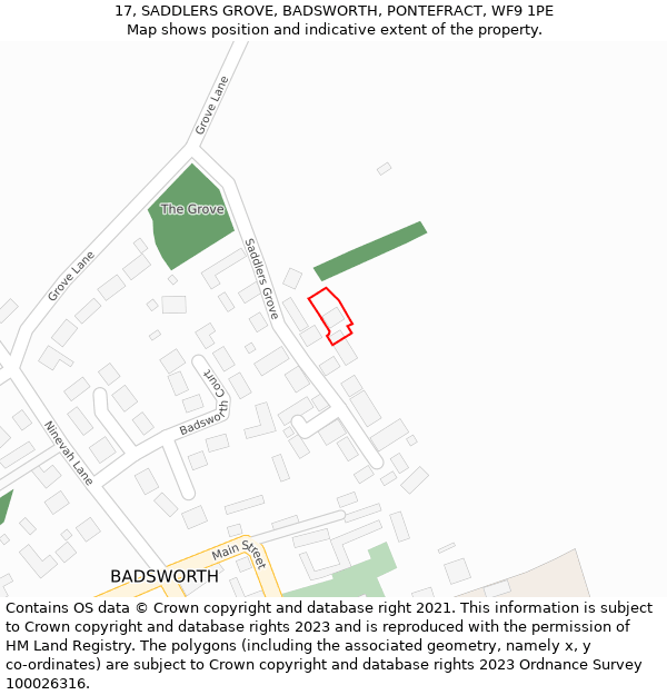 17, SADDLERS GROVE, BADSWORTH, PONTEFRACT, WF9 1PE: Location map and indicative extent of plot