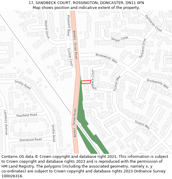 17, SANDBECK COURT, ROSSINGTON, DONCASTER, DN11 0FN: Location map and indicative extent of plot