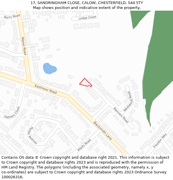 17, SANDRINGHAM CLOSE, CALOW, CHESTERFIELD, S44 5TY: Location map and indicative extent of plot