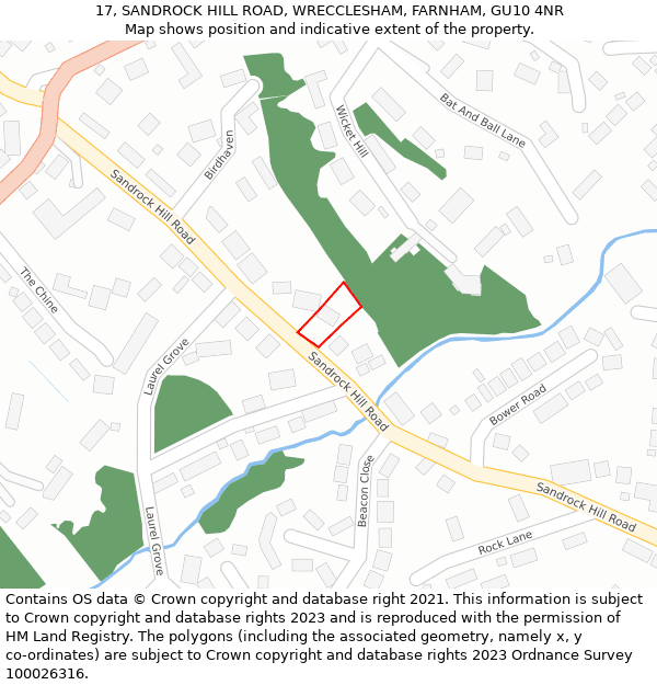 17, SANDROCK HILL ROAD, WRECCLESHAM, FARNHAM, GU10 4NR: Location map and indicative extent of plot