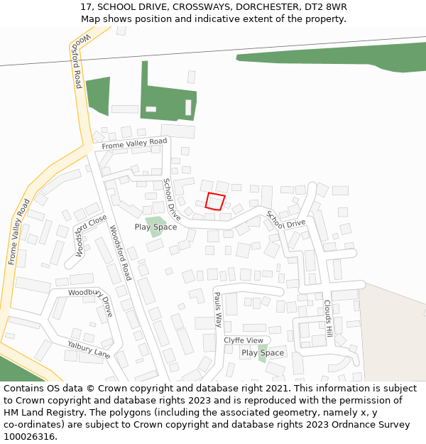 17, SCHOOL DRIVE, CROSSWAYS, DORCHESTER, DT2 8WR: Location map and indicative extent of plot