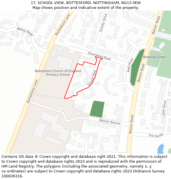 17, SCHOOL VIEW, BOTTESFORD, NOTTINGHAM, NG13 0EW: Location map and indicative extent of plot