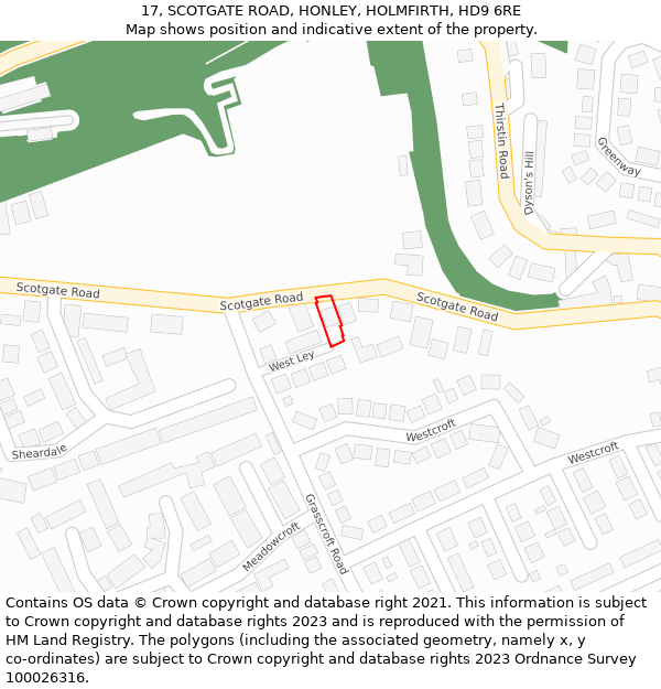 17, SCOTGATE ROAD, HONLEY, HOLMFIRTH, HD9 6RE: Location map and indicative extent of plot