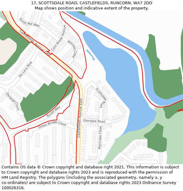 17, SCOTTSDALE ROAD, CASTLEFIELDS, RUNCORN, WA7 2DD: Location map and indicative extent of plot