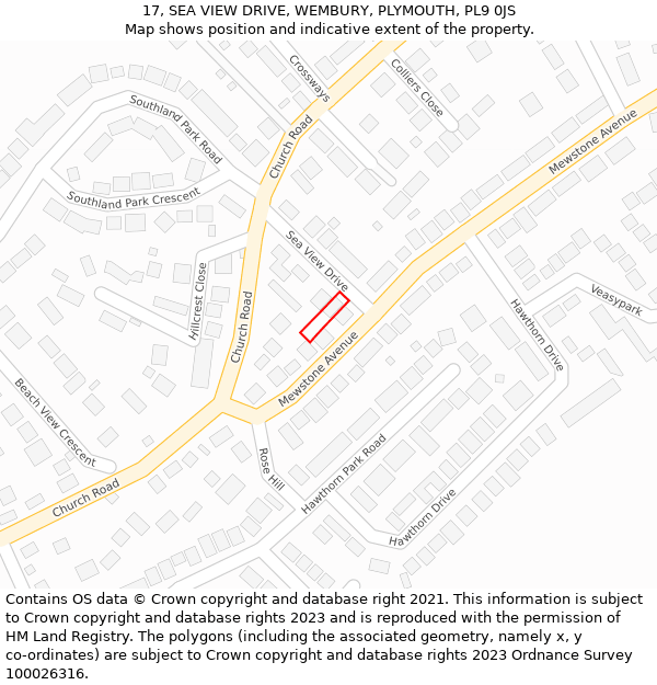 17, SEA VIEW DRIVE, WEMBURY, PLYMOUTH, PL9 0JS: Location map and indicative extent of plot