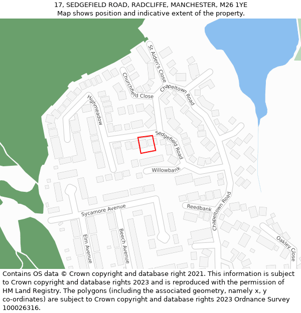 17, SEDGEFIELD ROAD, RADCLIFFE, MANCHESTER, M26 1YE: Location map and indicative extent of plot