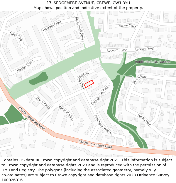 17, SEDGEMERE AVENUE, CREWE, CW1 3YU: Location map and indicative extent of plot