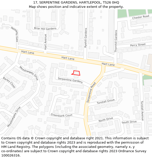 17, SERPENTINE GARDENS, HARTLEPOOL, TS26 0HQ: Location map and indicative extent of plot