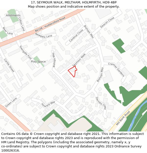 17, SEYMOUR WALK, MELTHAM, HOLMFIRTH, HD9 4BP: Location map and indicative extent of plot