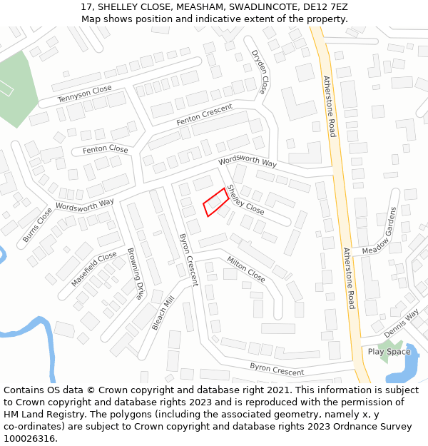 17, SHELLEY CLOSE, MEASHAM, SWADLINCOTE, DE12 7EZ: Location map and indicative extent of plot