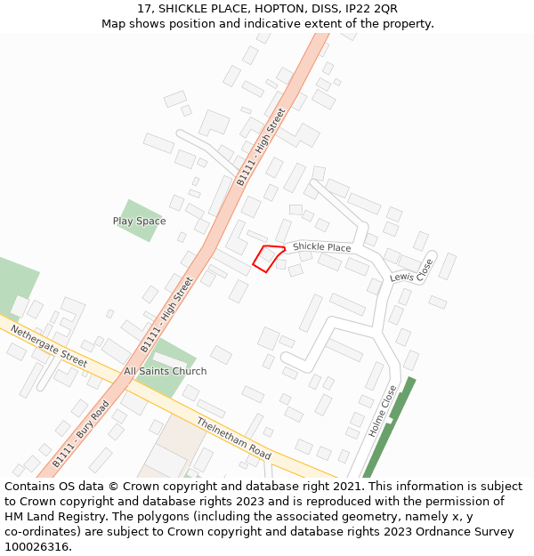 17, SHICKLE PLACE, HOPTON, DISS, IP22 2QR: Location map and indicative extent of plot