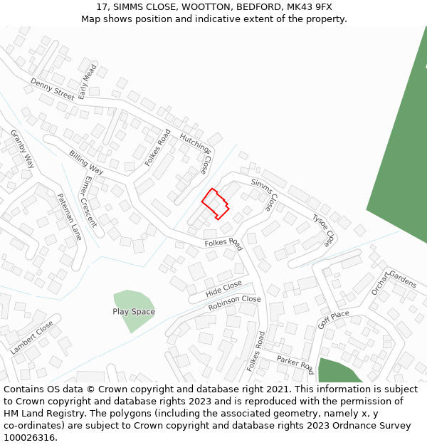 17, SIMMS CLOSE, WOOTTON, BEDFORD, MK43 9FX: Location map and indicative extent of plot