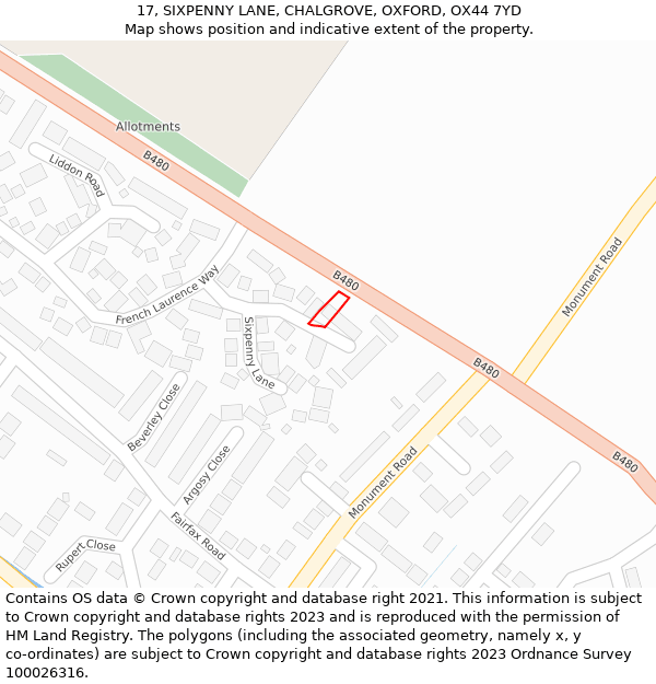 17, SIXPENNY LANE, CHALGROVE, OXFORD, OX44 7YD: Location map and indicative extent of plot