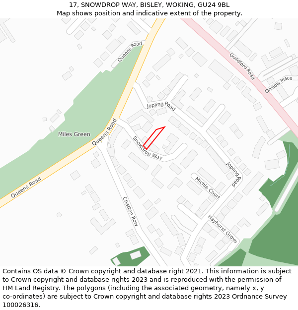 17, SNOWDROP WAY, BISLEY, WOKING, GU24 9BL: Location map and indicative extent of plot