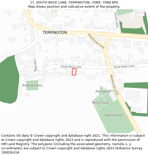 17, SOUTH BACK LANE, TERRINGTON, YORK, YO60 6PX: Location map and indicative extent of plot