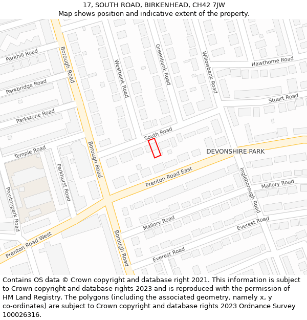 17, SOUTH ROAD, BIRKENHEAD, CH42 7JW: Location map and indicative extent of plot