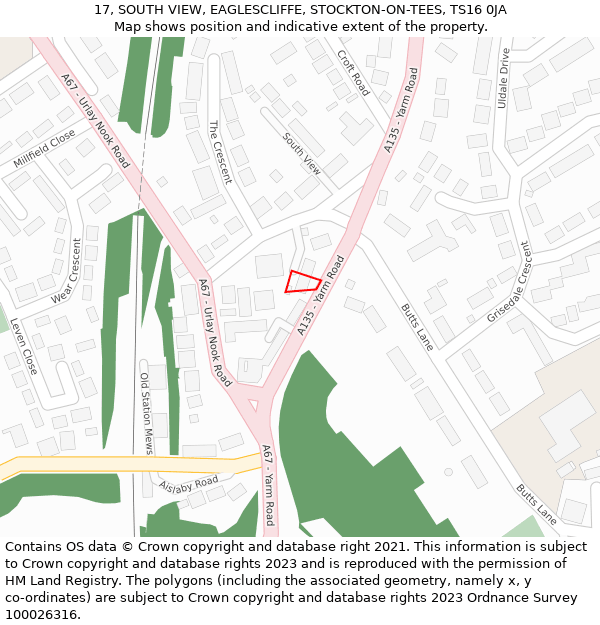 17, SOUTH VIEW, EAGLESCLIFFE, STOCKTON-ON-TEES, TS16 0JA: Location map and indicative extent of plot