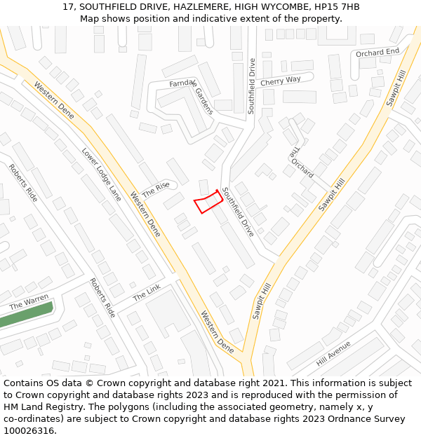 17, SOUTHFIELD DRIVE, HAZLEMERE, HIGH WYCOMBE, HP15 7HB: Location map and indicative extent of plot