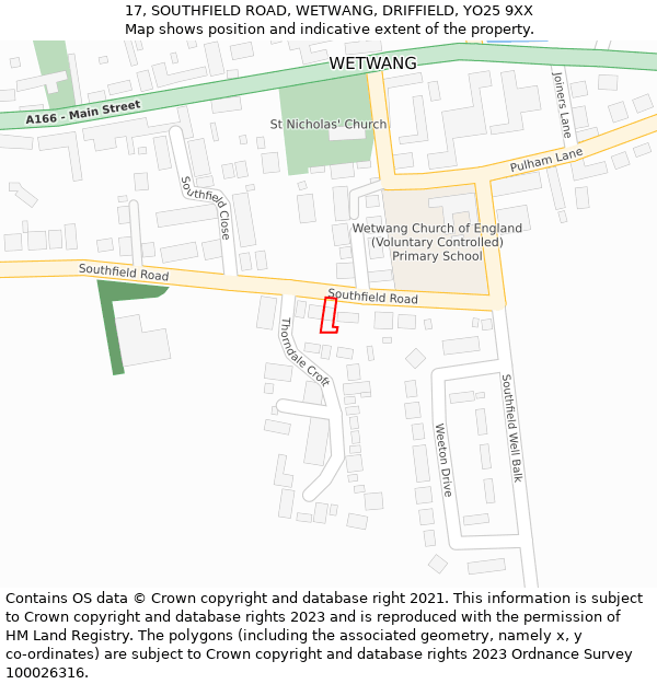 17, SOUTHFIELD ROAD, WETWANG, DRIFFIELD, YO25 9XX: Location map and indicative extent of plot