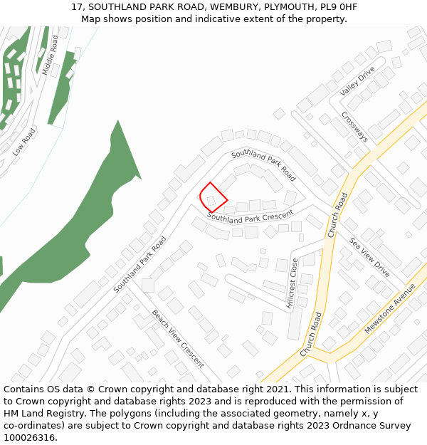 17, SOUTHLAND PARK ROAD, WEMBURY, PLYMOUTH, PL9 0HF: Location map and indicative extent of plot