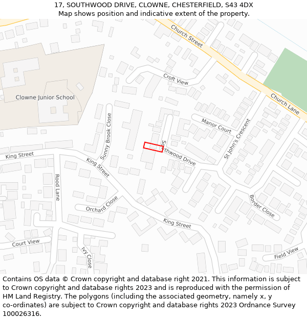 17, SOUTHWOOD DRIVE, CLOWNE, CHESTERFIELD, S43 4DX: Location map and indicative extent of plot