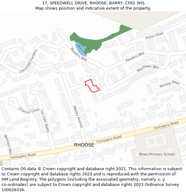 17, SPEEDWELL DRIVE, RHOOSE, BARRY, CF62 3HS: Location map and indicative extent of plot