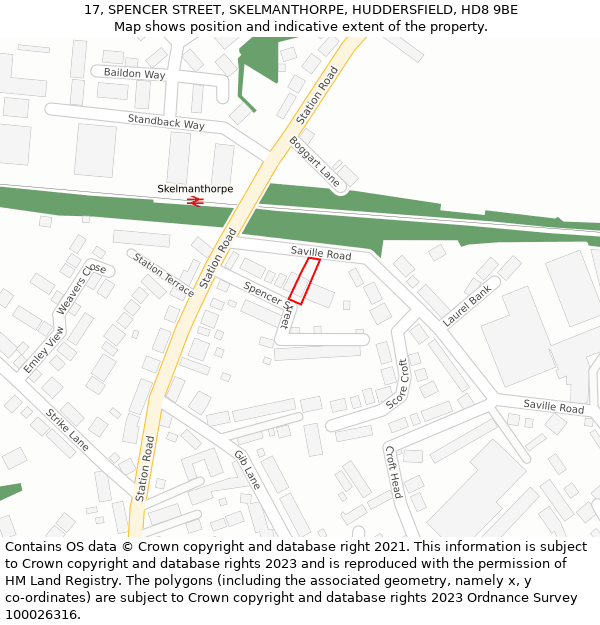 17, SPENCER STREET, SKELMANTHORPE, HUDDERSFIELD, HD8 9BE: Location map and indicative extent of plot